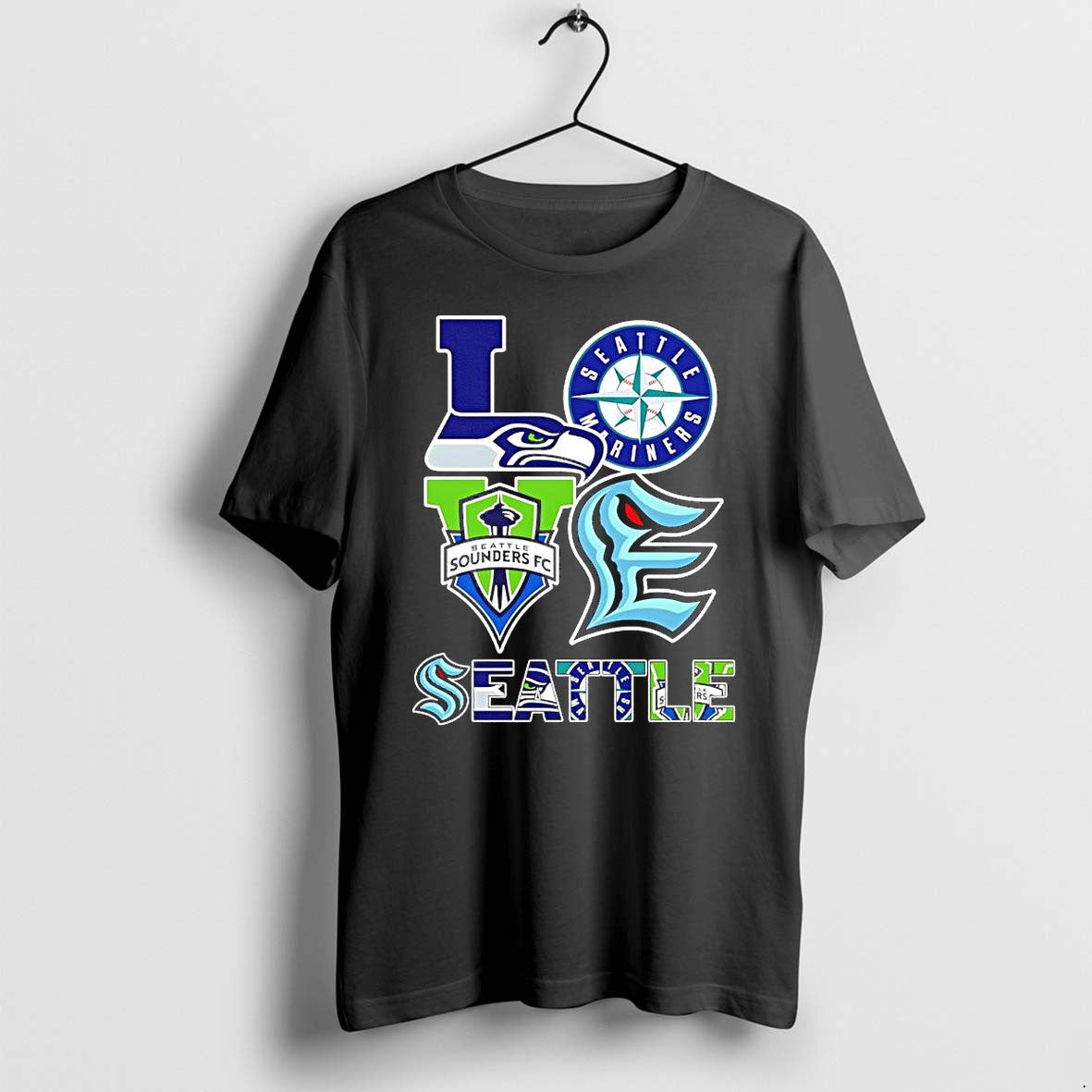 Official Love Seattle Sports Teams Seahawks Mariners Kraken Sounders Fc Logos T Shirts Unisex T-shirt, Sweatshirt, Hoodie, Long Sleeve Tee - T-Shirt, Sweatshirt, Hoodie