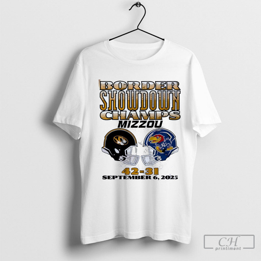 Official Missouri Tiger Vs Kansas Jayhawks 42 31 Border Showdown Champs Head To Head Unisex T-shirt, Sweatshirt, Hoodie, Long Sleeve Tee - T-Shirt, Sweatshirt, Hoodie