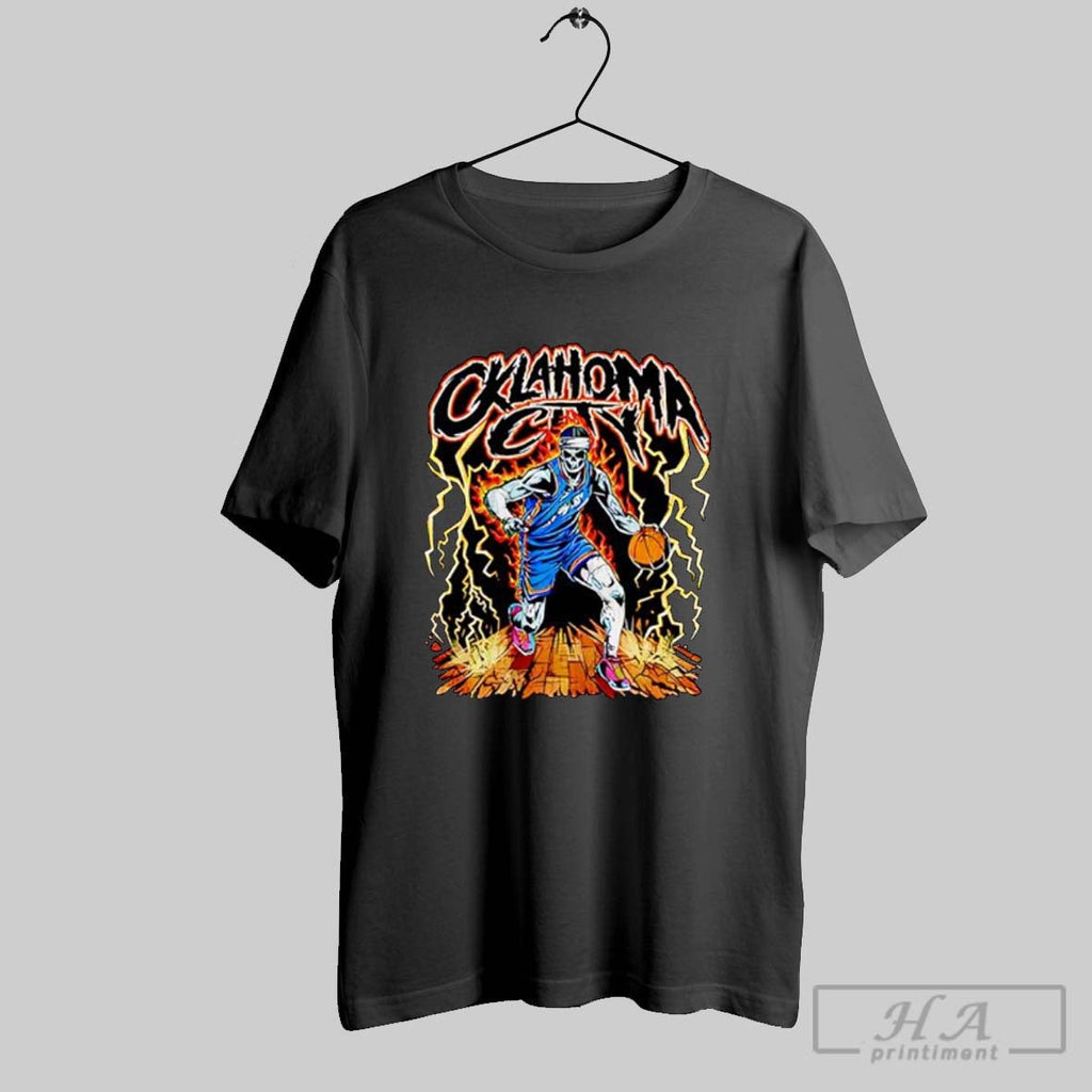 Official Oklahoma City Skeleton Dribbling Basketball On Burning Court Posters Black Unisex T-shirt, Sweatshirt, Hoodie, Long Sleeve Tee - T-Shirt, Sweatshirt, Hoodie