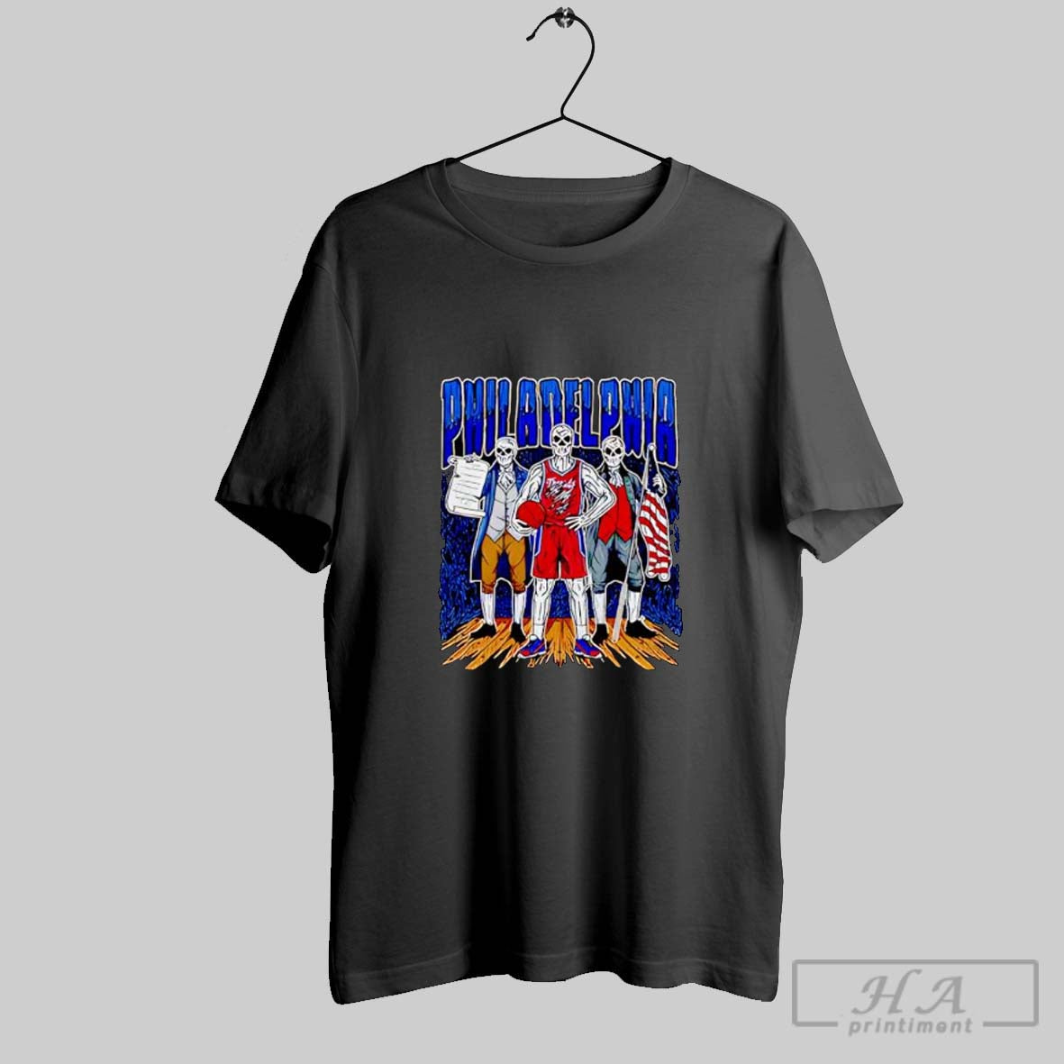 Official Philadelphia Skeleton Basketball Player With Founding Fathers Posters Black Unisex T-shirt, Sweatshirt, Hoodie, Long Sleeve Tee - T-Shirt, Sweatshirt, Hoodie