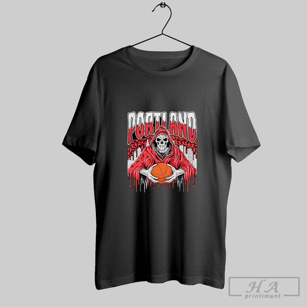 Official Portland Grim Reaper Skeleton Holding Basketball Cityscape Posters Black Unisex T-shirt, Sweatshirt, Hoodie, Long Sleeve Tee - T-Shirt, Sweatshirt, Hoodie
