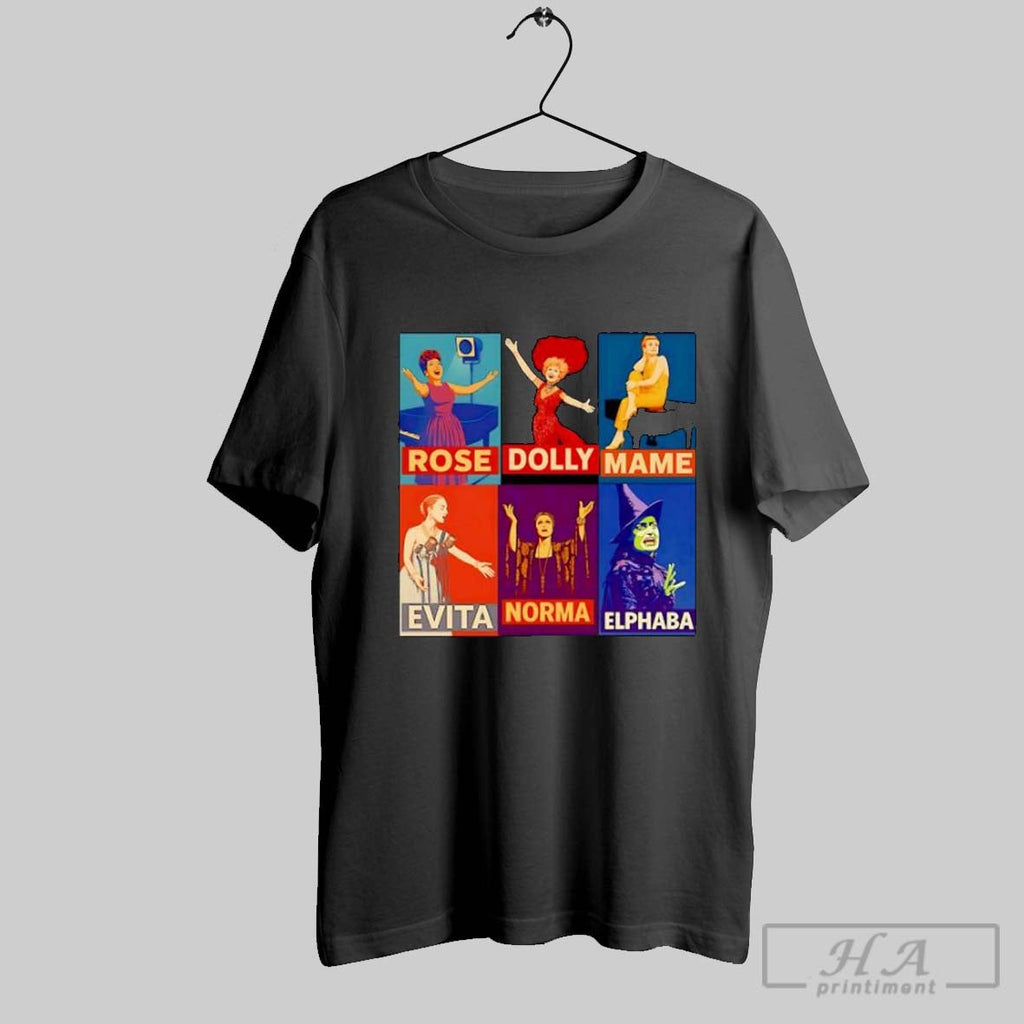 Official Rose Dolly Mame Evita Norma Elphaba Broadway Musical Theater Poster Collage Unisex T-shirt, Sweatshirt, Hoodie, Long Sleeve Tee - T-Shirt, Sweatshirt, Hoodie