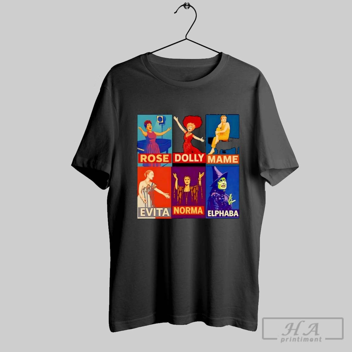 Official Rose Dolly Mame Evita Norma Elphaba Broadway Musical Theater Poster Collage Unisex T-shirt, Sweatshirt, Hoodie, Long Sleeve Tee - T-Shirt, Sweatshirt, Hoodie