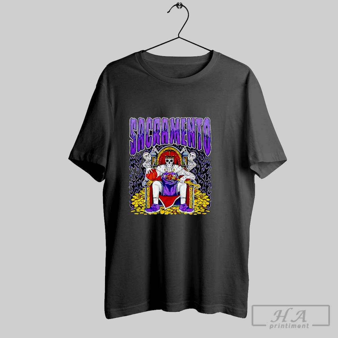 Official Sacramento Skeleton King On Throne With Crown And Basketball Posters Black Unisex T-shirt, Sweatshirt, Hoodie, Long Sleeve Tee - T-Shirt, Sweatshirt, Hoodie