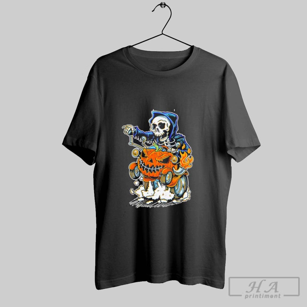 Official Skeleton Hot Rod Pumpkin Happy Halloween Unisex T-shirt, Sweatshirt, Hoodie, Long Sleeve Tee - T-Shirt, Sweatshirt, Hoodie
