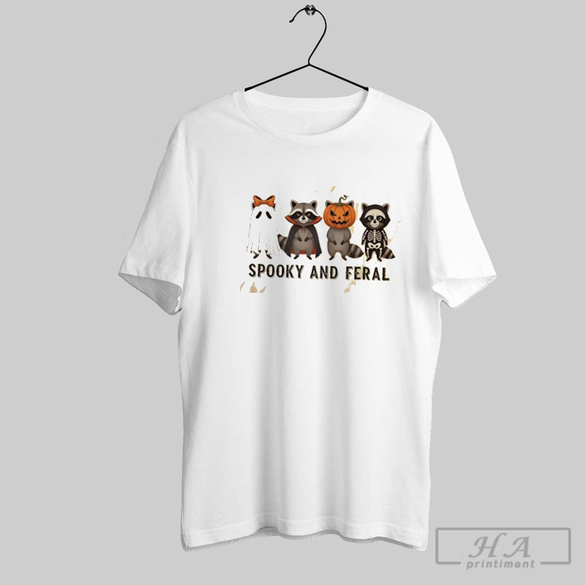 Official Spooky And Feral Raccoon Halloween Ghost Pumpkin Skeleton Unisex T-shirt, Sweatshirt, Hoodie, Long Sleeve Tee - T-Shirt, Sweatshirt, Hoodie
