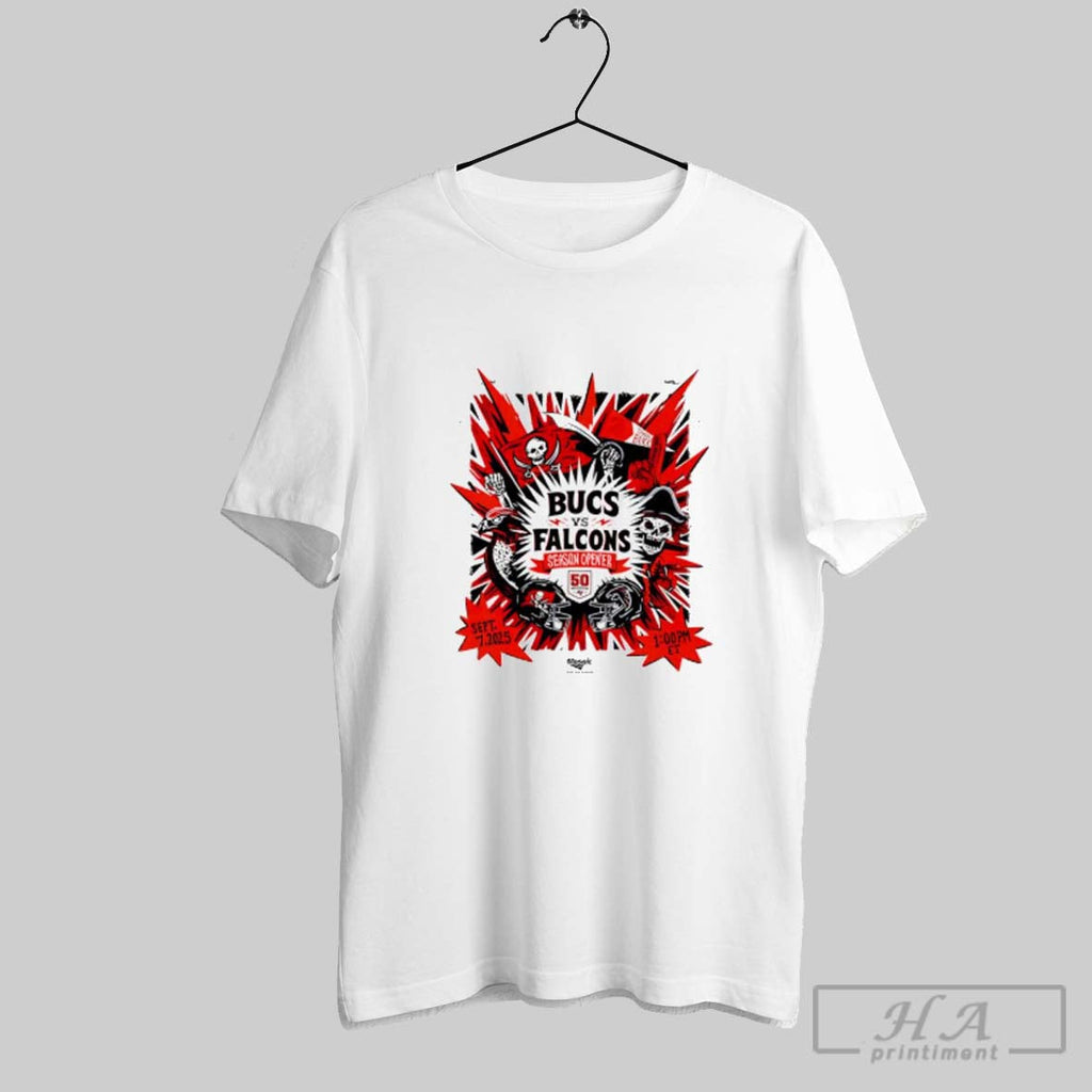 Official Tampa Bay Buccaneers Vs Atlanta Falcons Season Opener 2025 Comic Unisex T-shirt, Sweatshirt, Hoodie, Long Sleeve Tee - T-Shirt, Sweatshirt, Hoodie