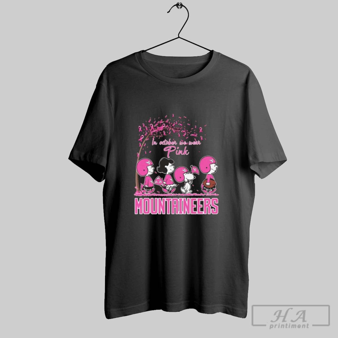 Official The Peanuts In October We Wear Pink West Virginia Mountaineers 2025 Unisex T-shirt, Sweatshirt, Hoodie, Long Sleeve Tee - T-Shirt, Sweatshirt, Hoodie