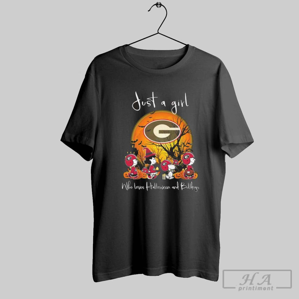 Official The Peanuts Walking Just A Girl Who Loves Halloween And Georgia Bulldogs 2025 Unisex T-shirt, Sweatshirt, Hoodie, Long Sleeve Tee - T-Shirt, Sweatshirt, Hoodie