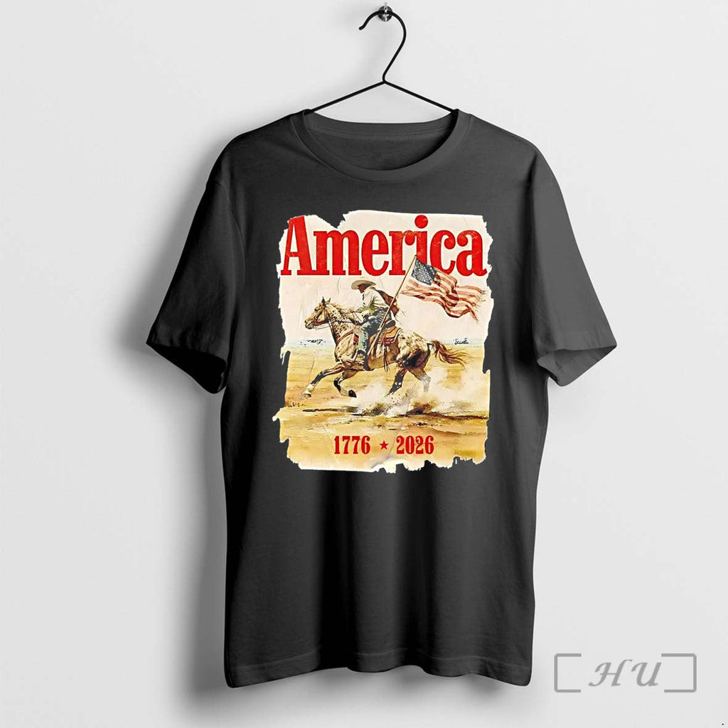 Officials America 1776 2026 Cowboy Riding Horse Holding American Flag Vintage Premium T Shirts Sweater - T-Shirt, Sweatshirt, Hoodie