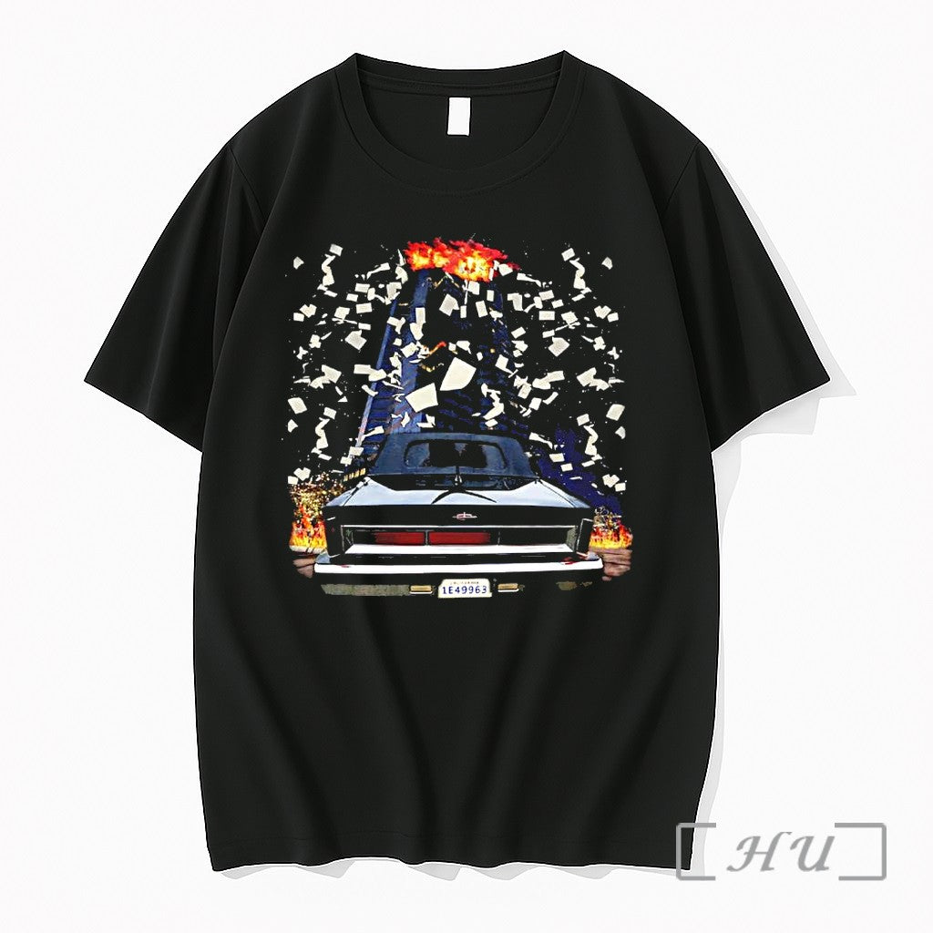 Officials Burning Skyscraper Flying Papers Classic Car Urban Chaos Unisex T-shirt, Sweatshirt, Hoodie, Long Sleeve Tee - T-Shirt, Sweatshirt, Hoodie