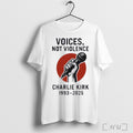 Officials Charlie Kirk 1993 2025 Voices Not Violence T Shirt Unisex T-shirt, Sweatshirt, Hoodie, Long Sleeve Tee - T-Shirt, Sweatshirt, Hoodie