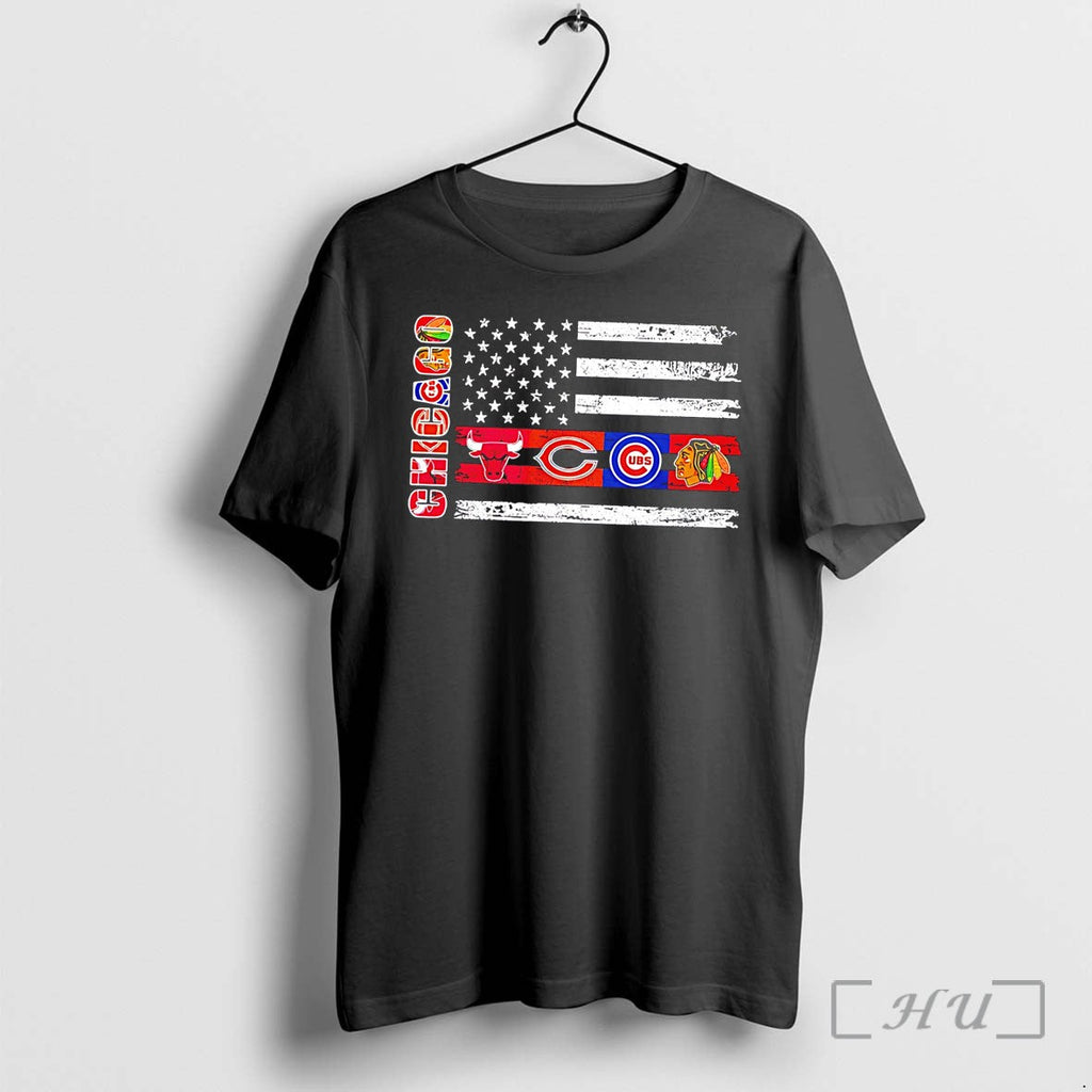 Officials Chicago Sports Teams Logos Flag Tee Unisex T-shirt, Sweatshirt, Hoodie, Long Sleeve Tee - T-Shirt, Sweatshirt, Hoodie