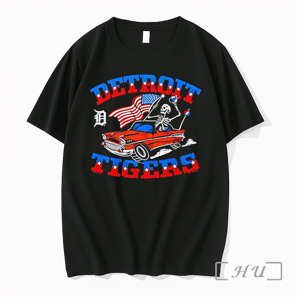 Officials Detroit Tigers Skeleton Classic Car American 250th Anniversary Unisex T-shirt, Sweatshirt, Hoodie, Long Sleeve Tee - T-Shirt, Sweatshirt, Hoodie