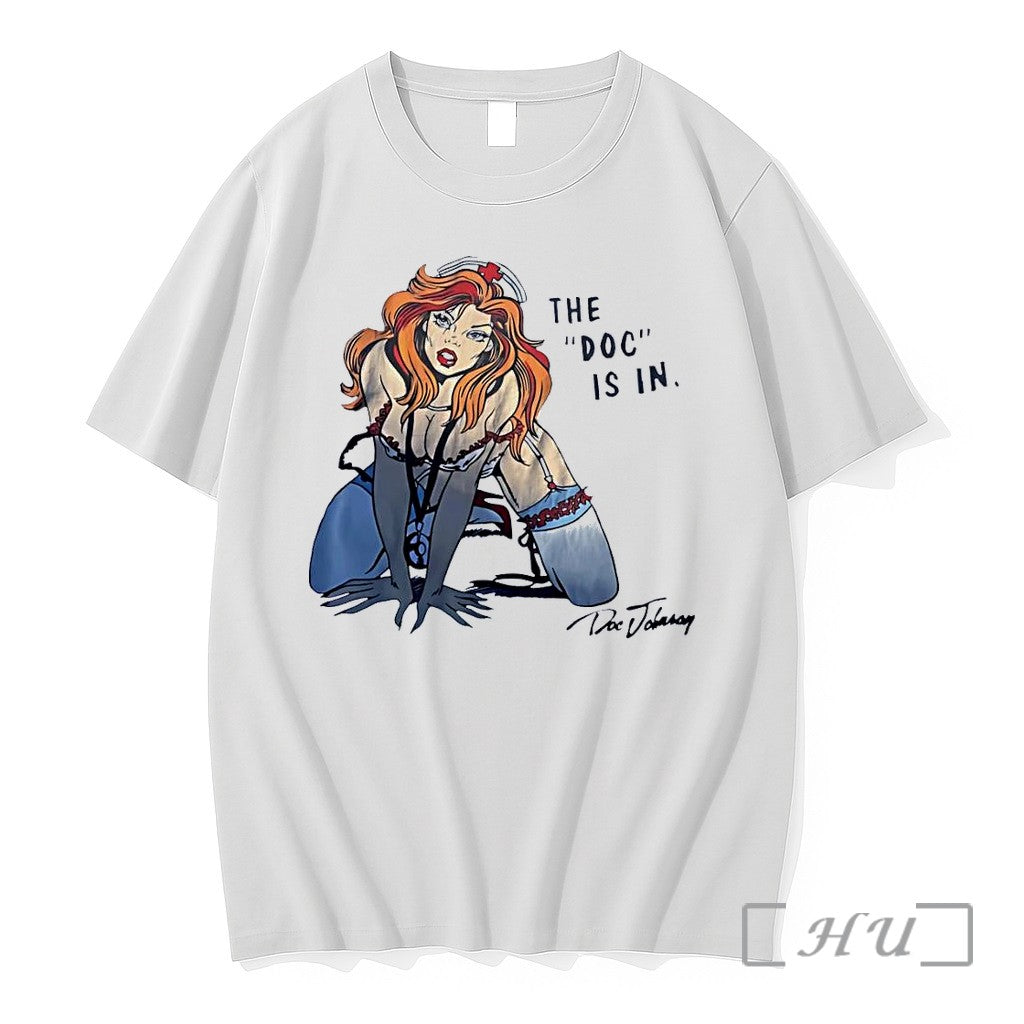 Officials Doc Johnson Pin Up Nurse Redhead The Doc Is In White Premium T Shirts Unisex T-shirt, Sweatshirt, Hoodie, Long Sleeve Tee - T-Shirt, Sweatshirt, Hoodie