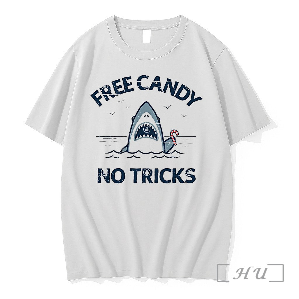 Officials Free Candy No Tricks Trust The Shark With The Candy Cane Premium T Shirts Unisex T-shirt, Sweatshirt, Hoodie, Long Sleeve Tee - T-Shirt, Sweatshirt, Hoodie
