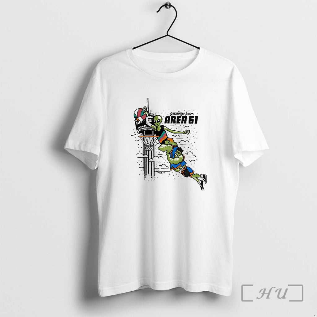 Officials Greetings From Area 51 Alien Basketball Dunk Unisex T-shirt, Sweatshirt, Hoodie, Long Sleeve Tee - T-Shirt, Sweatshirt, Hoodie