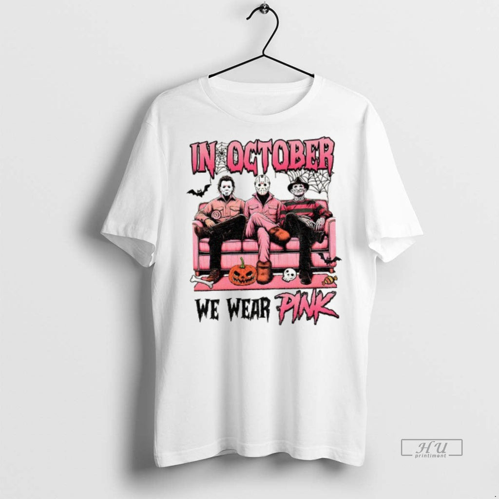 Officials Michael Myers Jason Voorhees Freddy Krueger Spooky Season In October We Wear Pink Halloween - T-Shirt, Sweatshirt, Hoodie