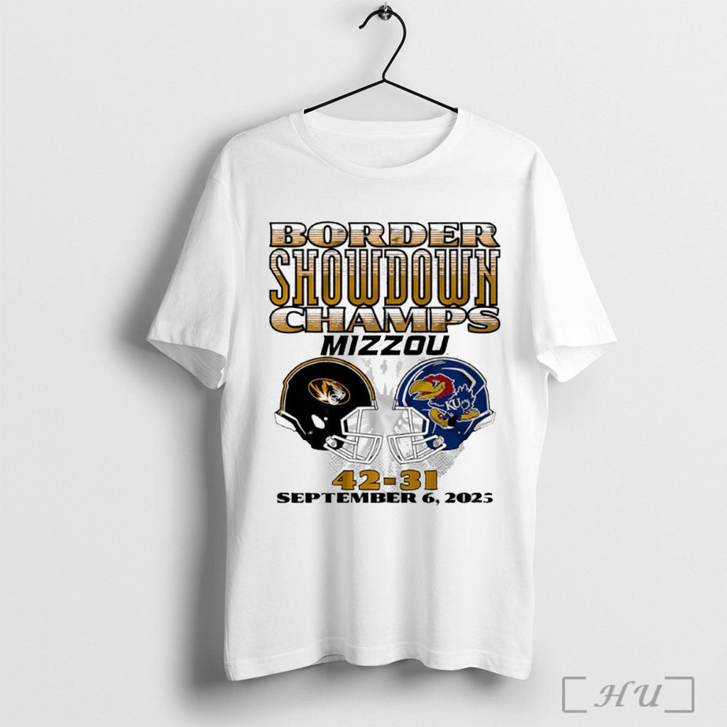 Officials Missouri Tiger Vs Kansas Jayhawks 42 31 Border Showdown Champs Head To Head Unisex T-shirt, Sweatshirt, Hoodie, Long Sleeve Tee - T-Shirt, Sweatshirt, Hoodie