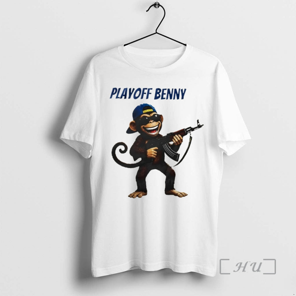 Officials Monkey Holding Gun Playoffs Benny Meme Unisex T-shirt, Sweatshirt, Hoodie, Long Sleeve Tee - T-Shirt, Sweatshirt, Hoodie