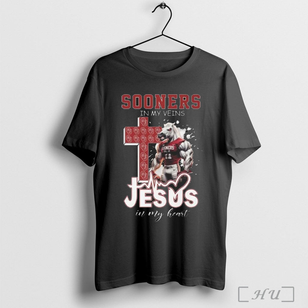 Officials Oklahoma Sooners In My Veins Jesus In My Heart Mascot 2025 T Shirt Unisex T-shirt, Sweatshirt, Hoodie, Long Sleeve Tee - T-Shirt, Sweatshirt, Hoodie