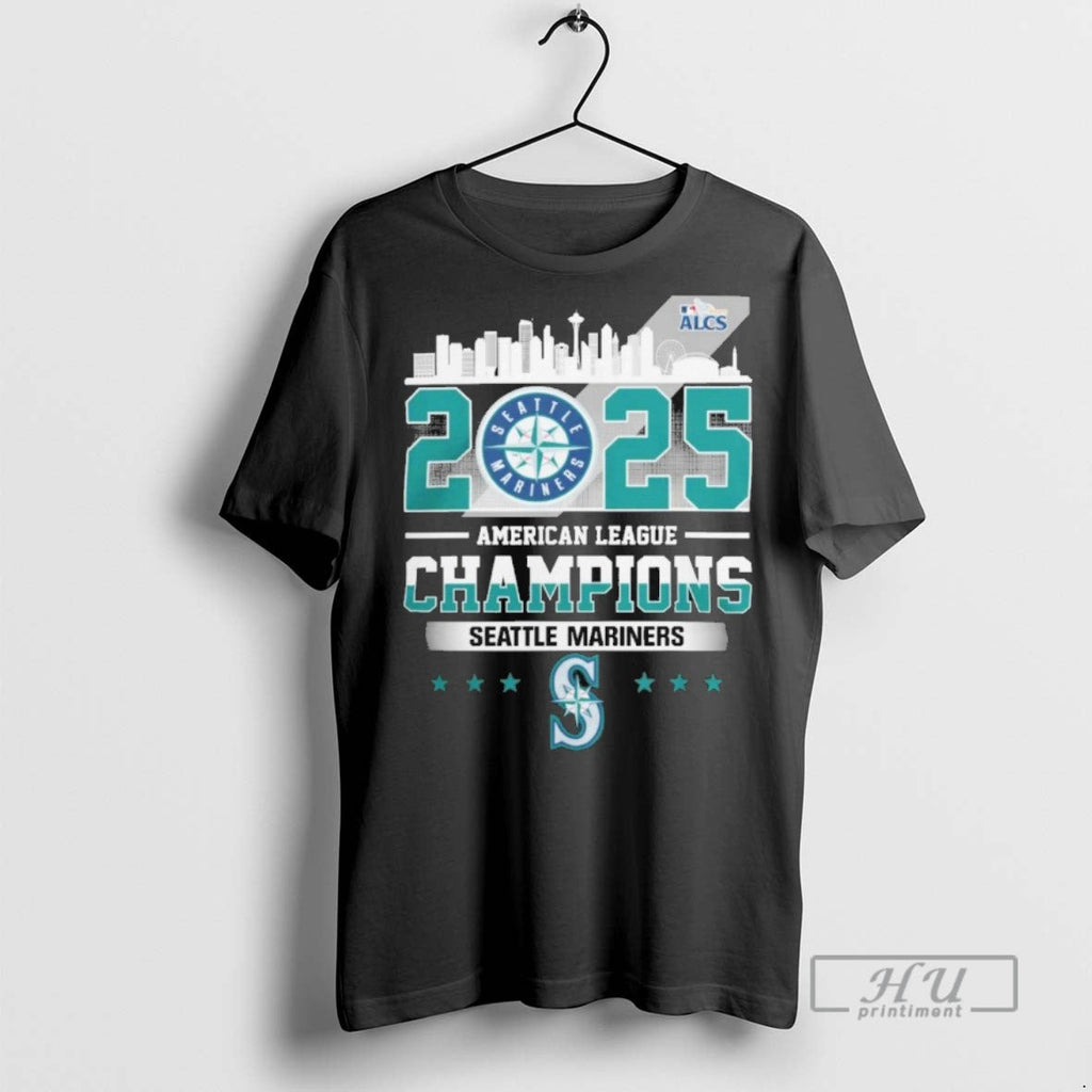 Officials Seattle Mariners 2025 American League Champions Skyline T Shirt Unisex T-shirt, Sweatshirt, Hoodie, Long Sleeve Tee - T-Shirt, Sweatshirt, Hoodie