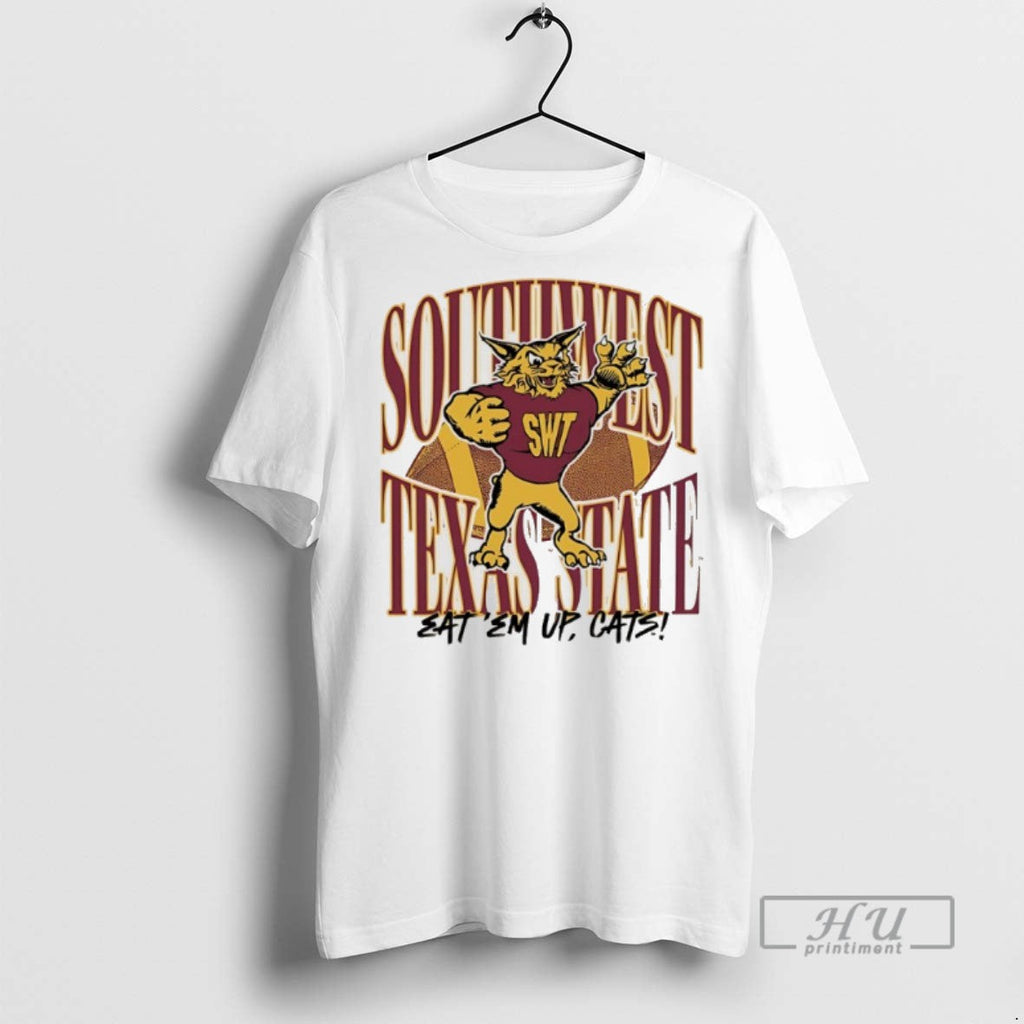 Officials Southwest Texas State Eat Em Up Cats 1990s Mascot T Shirts Unisex T-shirt, Sweatshirt, Hoodie, Long Sleeve Tee - T-Shirt, Sweatshirt, Hoodie