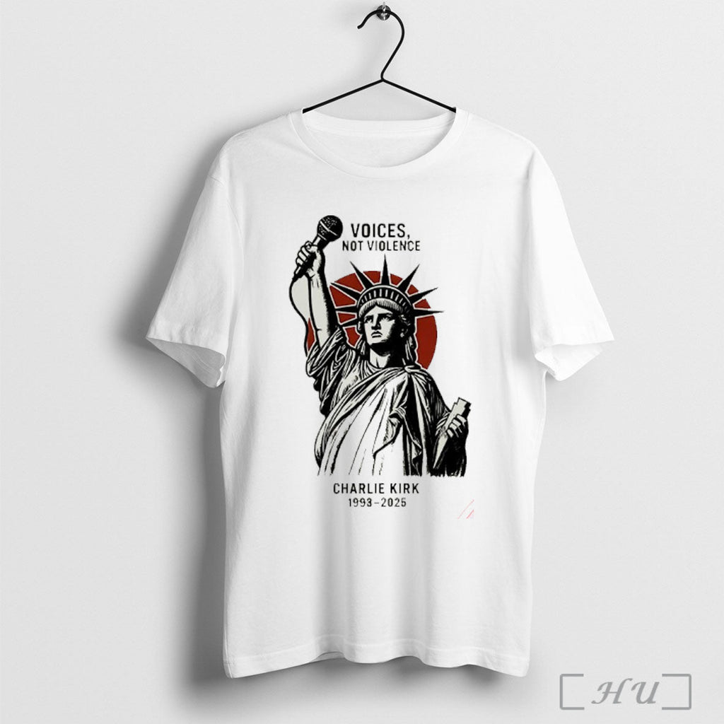 Officials Statue Of Liberty Voices Not Violence Charlie Kirk 1993 2025 T Shirt Unisex T-shirt, Sweatshirt, Hoodie, Long Sleeve Tee - T-Shirt, Sweatshirt, Hoodie