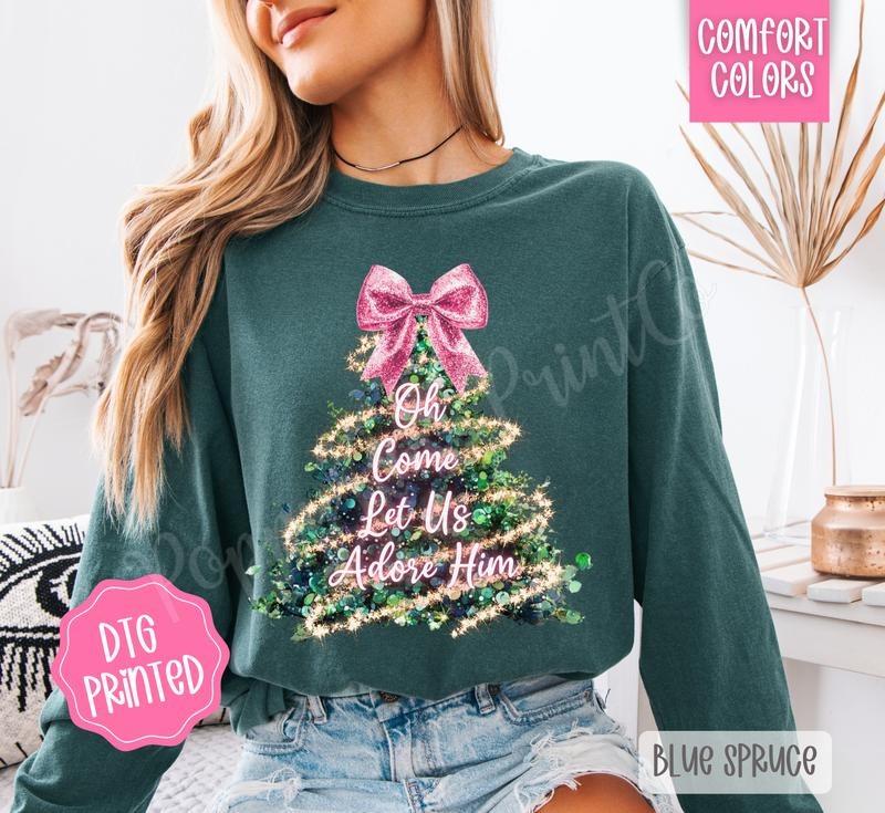 Oh Come Let Us Adore Him Pink Glitter Comfort Colors Long Sleeve Cute T-Shirts, Hoodie, Sweatshirt - T-Shirt, Sweatshirt, Hoodie