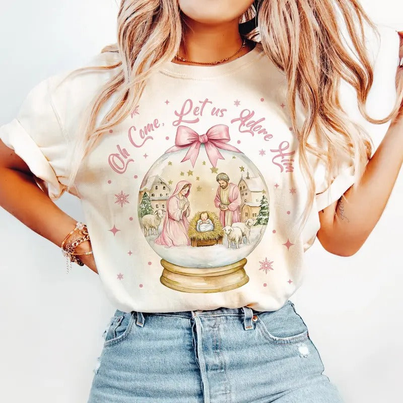 Oh Come Let Us Adore Him Shirt Coquette Bow Tree Nativity Scene Oh Holy Night Cotton Fabric Fit T-Shirts, Hoodie, Sweatshirt - T-Shirt, Sweatshirt, Hoodie