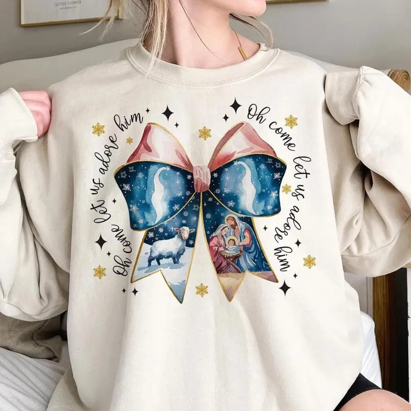 Oh Come Let Us Adore Him Jesus Faith Coquette Bow Xmas Jesus Faith T-Shirts, Hoodie, Sweatshirt - T-Shirt, Sweatshirt, Hoodie
