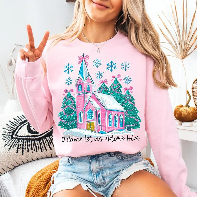 Oh Come Let Us Adore Him Coquette Bow Tree Shirt Jesus Christian Xmas Tree Bow T-Shirts, Hoodie, Sweatshirt - T-Shirt, Sweatshirt, Hoodie