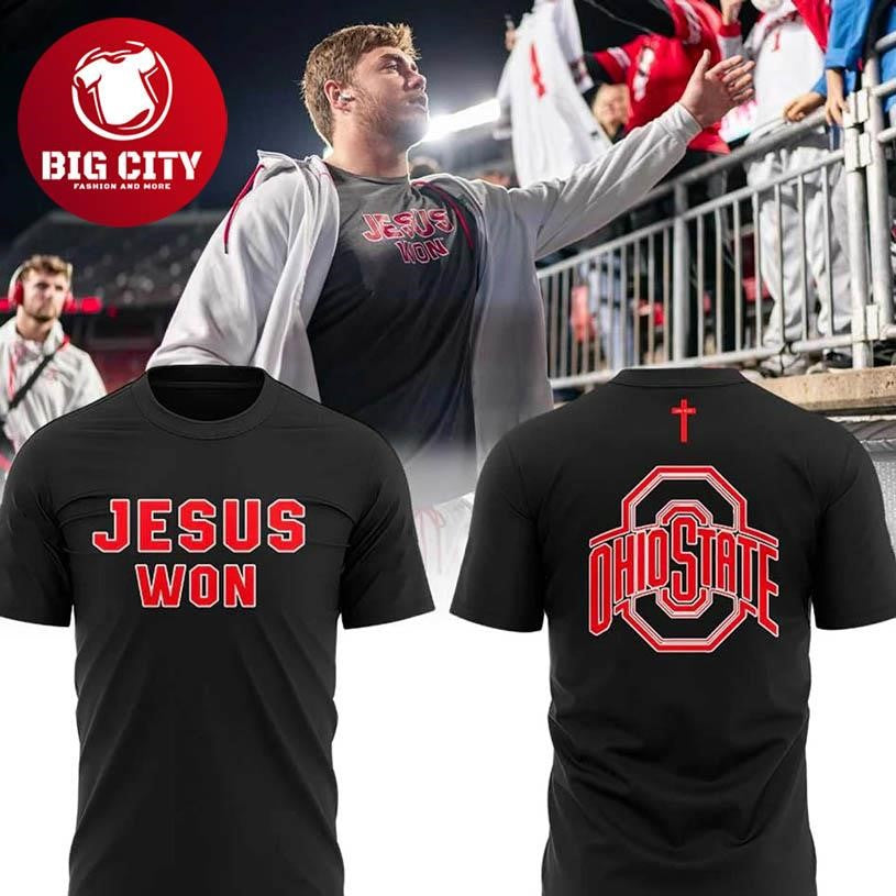 Ohio State Football Thank You Jesus Won 2025 Two Sided Shirt Unisex T-shirt, Sweatshirt, Hoodie, Long Sleeve Tee - T-Shirt, Sweatshirt, Hoodie