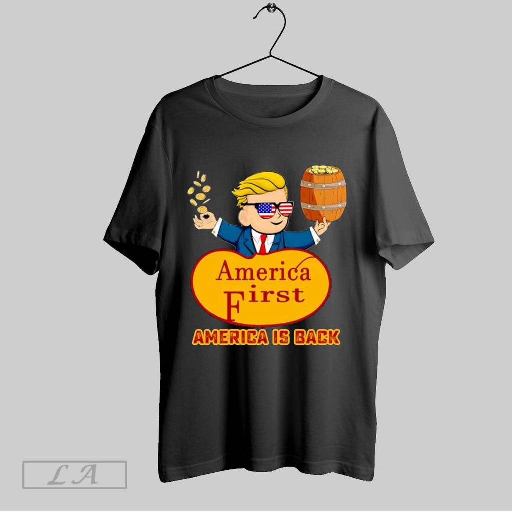 Original America First America Is Back Donald Trump Cartoon Character Throwing Gold Coins Unisex T-shirt, Sweatshirt, Hoodie, Long Sleeve Tee - T-Shirt, Sweatshirt, Hoodie