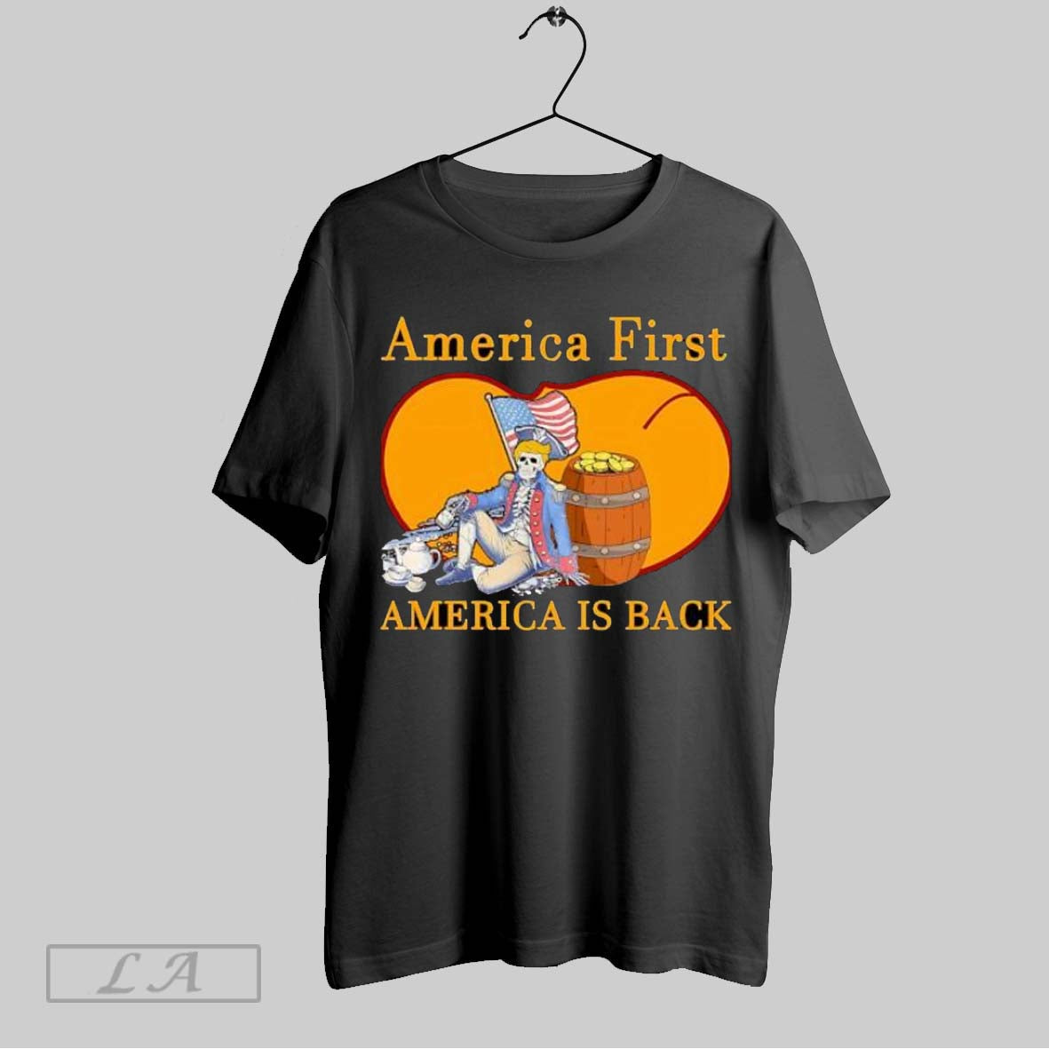 Original America First America Is Back Skeleton Patriot Sitting Unisex T-shirt, Sweatshirt, Hoodie, Long Sleeve Tee - T-Shirt, Sweatshirt, Hoodie