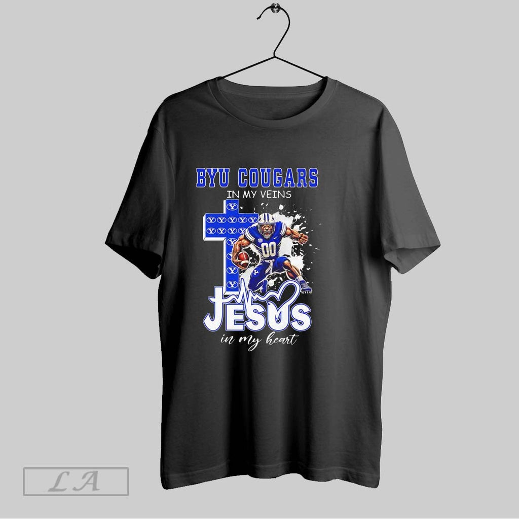 Original Byu Cougars In My Veins And Jesus In My Heart Football Christian Unisex T-shirt, Sweatshirt, Hoodie, Long Sleeve Tee - T-Shirt, Sweatshirt, Hoodie