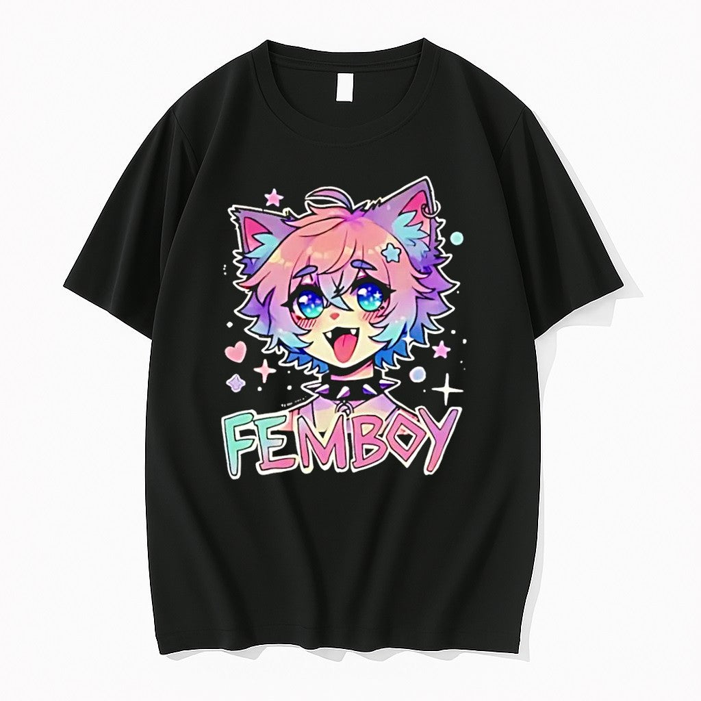 Original Femboy Catboy Nekomimi Anime Manga Kawaii Cute Pastel Sparkling Spiked Collar Femboy Black Tshirts - T-Shirt, Sweatshirt, Hoodie