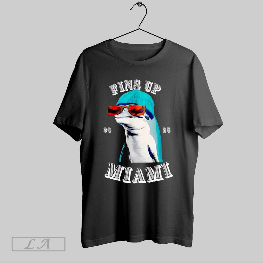 Original Fins Up Miami 2025 Dolphin Wearing Hat Sunglasses Unisex T-shirt, Sweatshirt, Hoodie, Long Sleeve Tee - T-Shirt, Sweatshirt, Hoodie