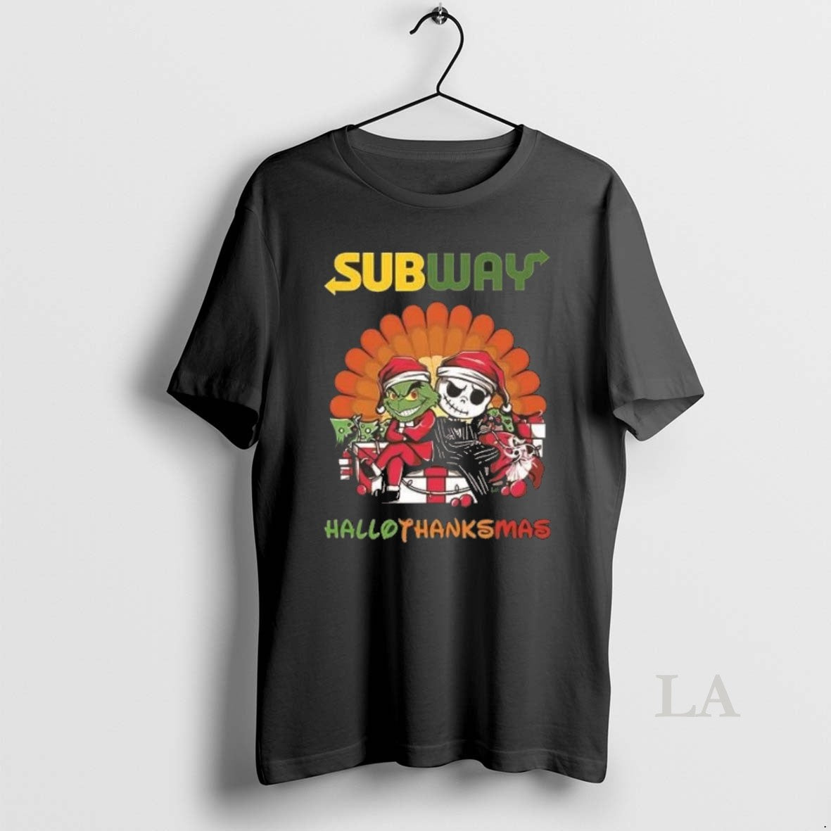 Original Grinch And Jack Skellington Subway Hallothanksmas 2 Sided Unisex T-shirt, Sweatshirt, Hoodie, Long Sleeve Tee - T-Shirt, Sweatshirt, Hoodie