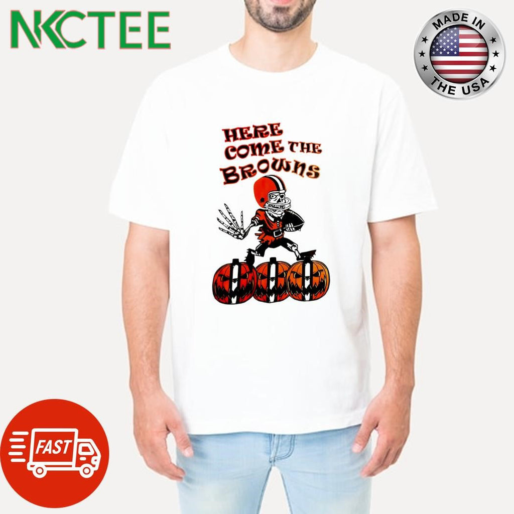 Original Here come the Cleveland Browns pumpkin skeleton halloween shirt Unisex T-shirt, Sweatshirt, Hoodie, Long Sleeve Tee - T-Shirt, Sweatshirt, Hoodie