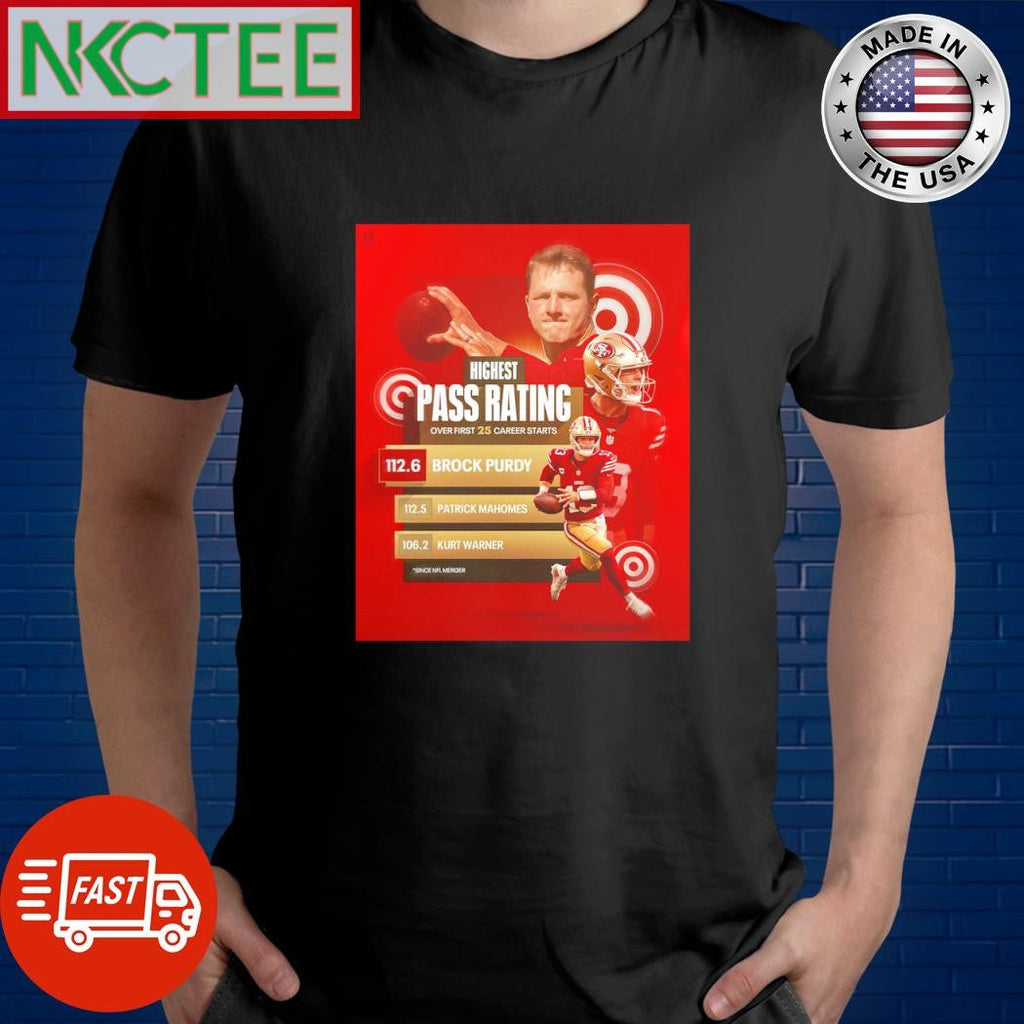 Original Highest pass rating over first 25 career starts Brock Purdy Patrick Mahomes Kurt Warner shirt - T-Shirt, Sweatshirt, Hoodie