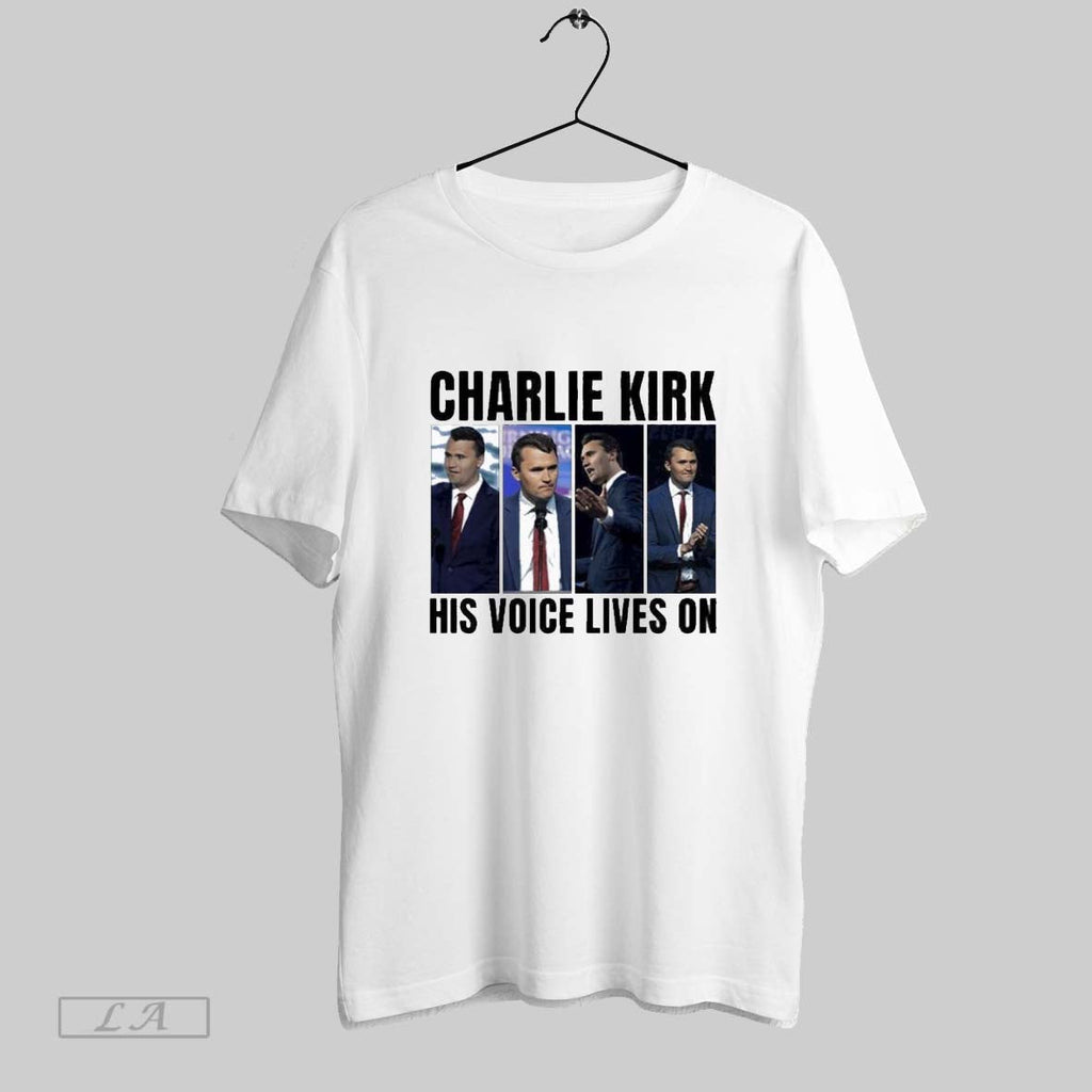 Original His Voice Lives On Charlie Kirk Unisex T-shirt, Sweatshirt, Hoodie, Long Sleeve Tee - T-Shirt, Sweatshirt, Hoodie