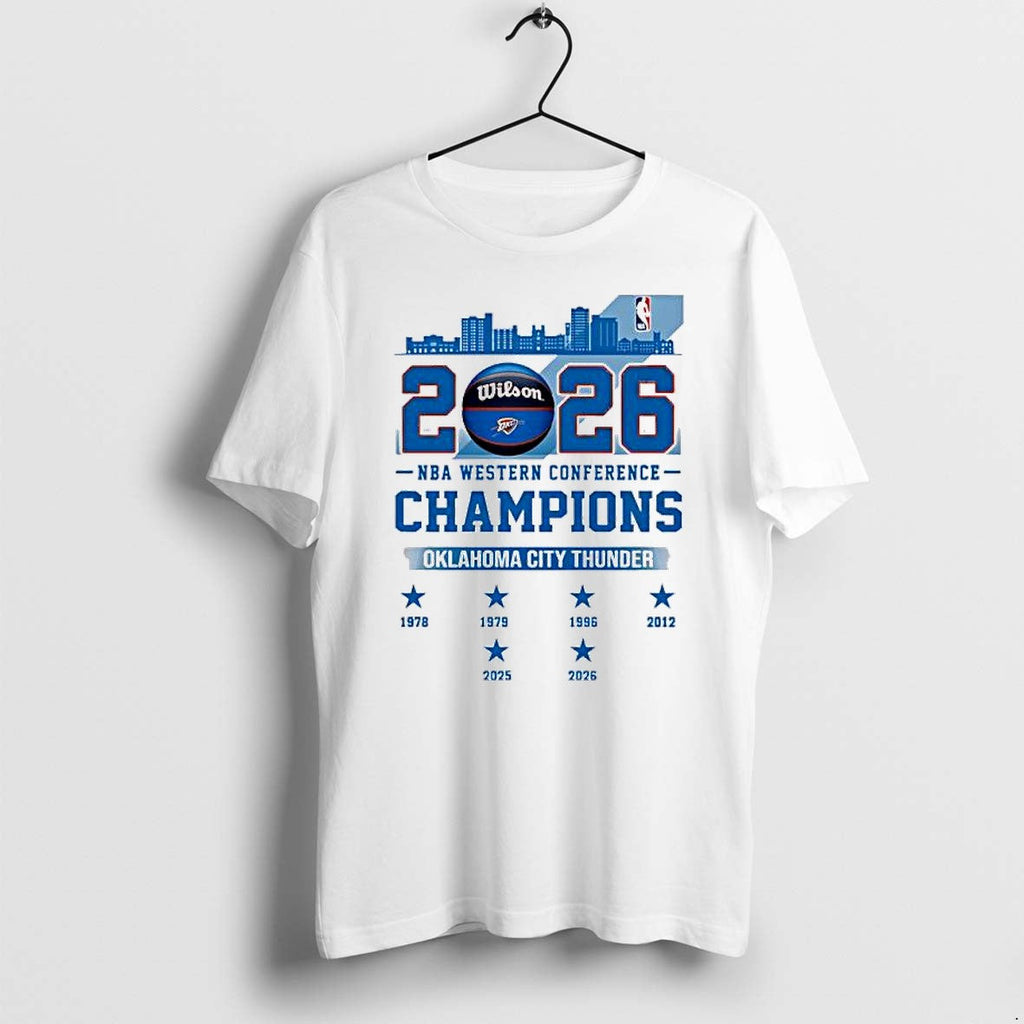 Original Oklahoma City Thunder 2026 Nba Western Conference Champions Skyline Tshirts Unisex T-shirt, Sweatshirt, Hoodie, Long Sleeve Tee - T-Shirt, Sweatshirt, Hoodie