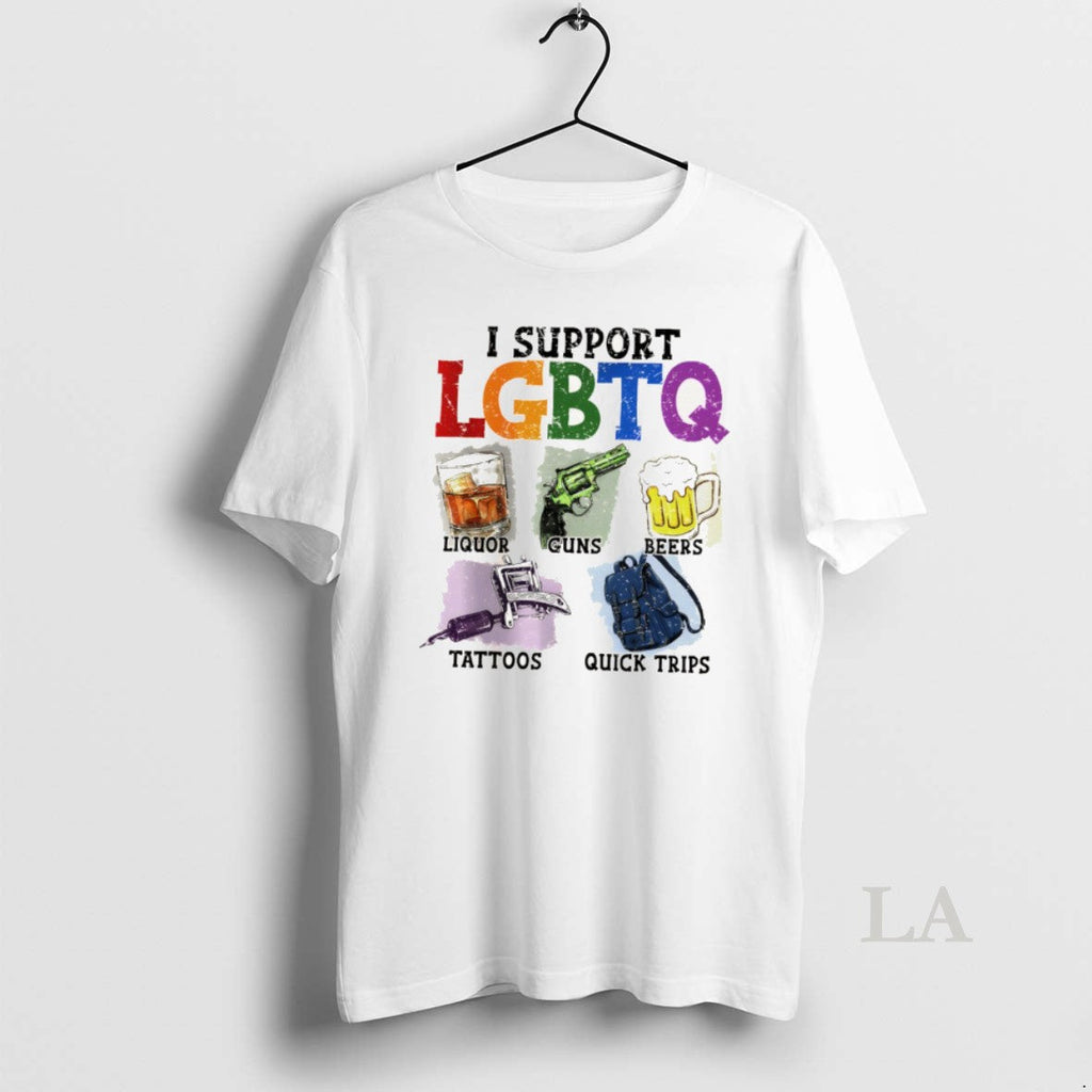 Original Pride Month Graphic I Support Lgbtq Liquor Guns Beers Tattoos Unisex T-shirt, Sweatshirt, Hoodie, Long Sleeve Tee - T-Shirt, Sweatshirt, Hoodie