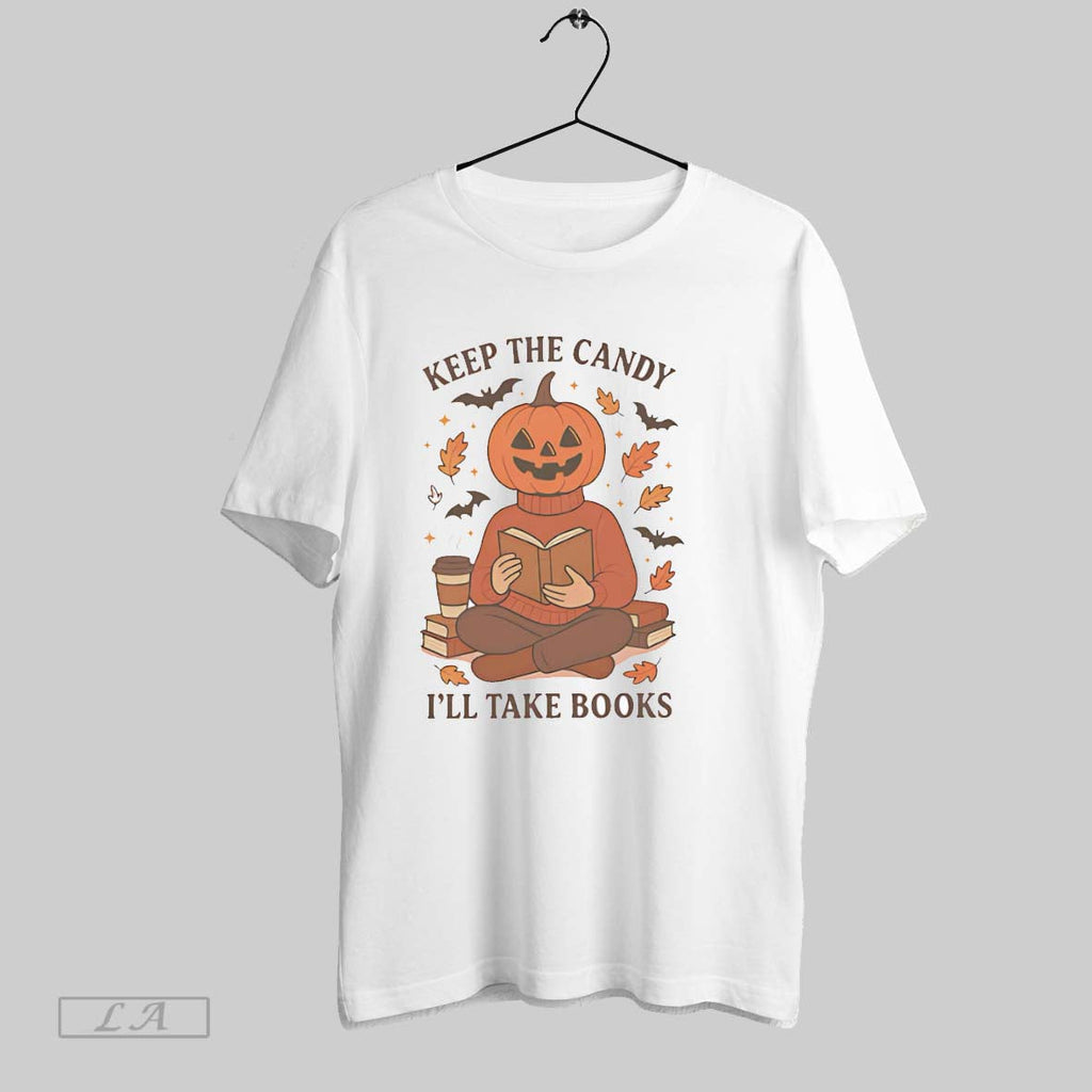 Original Pumpkin Keep The Candy Ill Take Books Unisex T-shirt, Sweatshirt, Hoodie, Long Sleeve Tee - T-Shirt, Sweatshirt, Hoodie