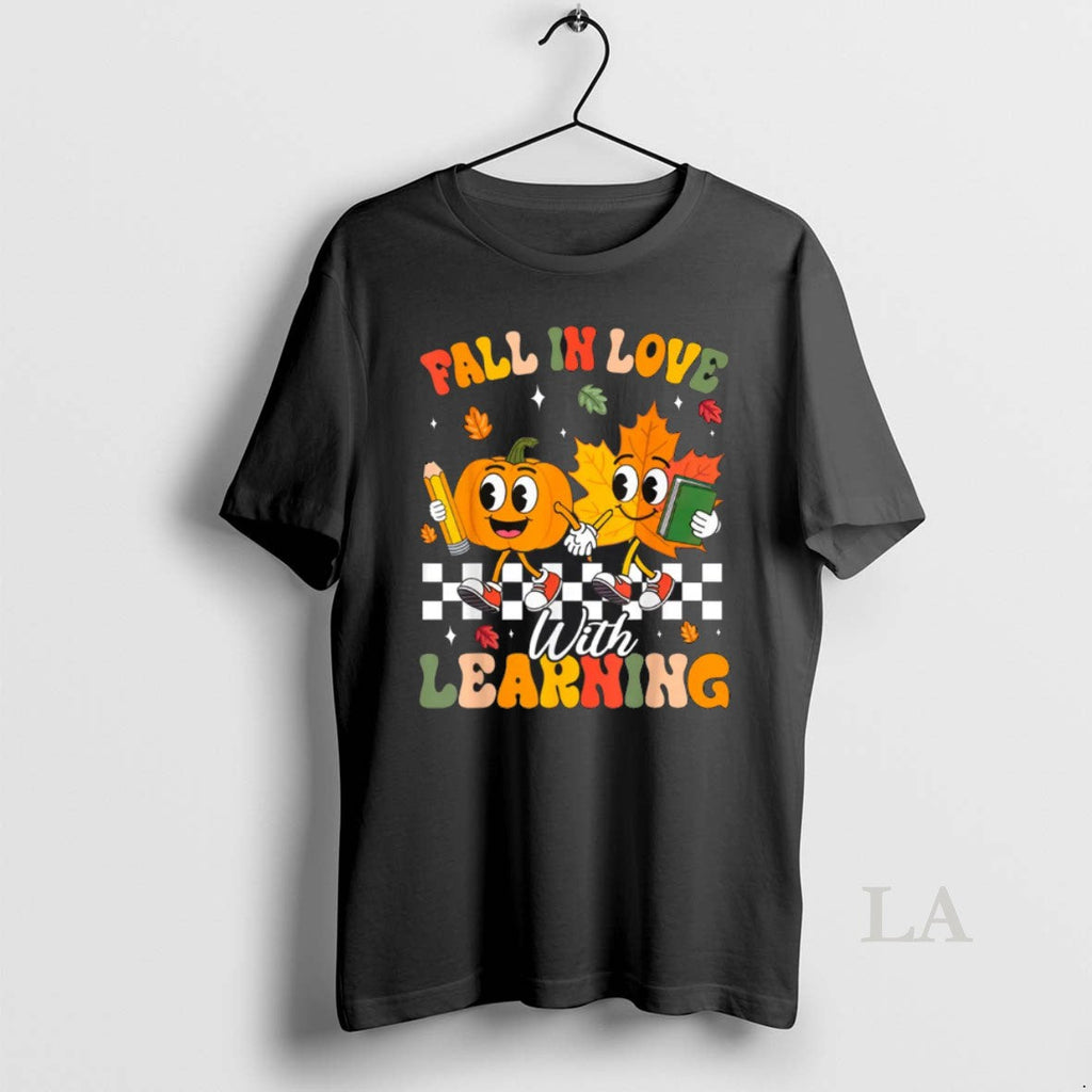 Original Retro Fall In Love With Learning Autumn Leaf Pumpkin Teacher Unisex T-shirt, Sweatshirt, Hoodie, Long Sleeve Tee - T-Shirt, Sweatshirt, Hoodie