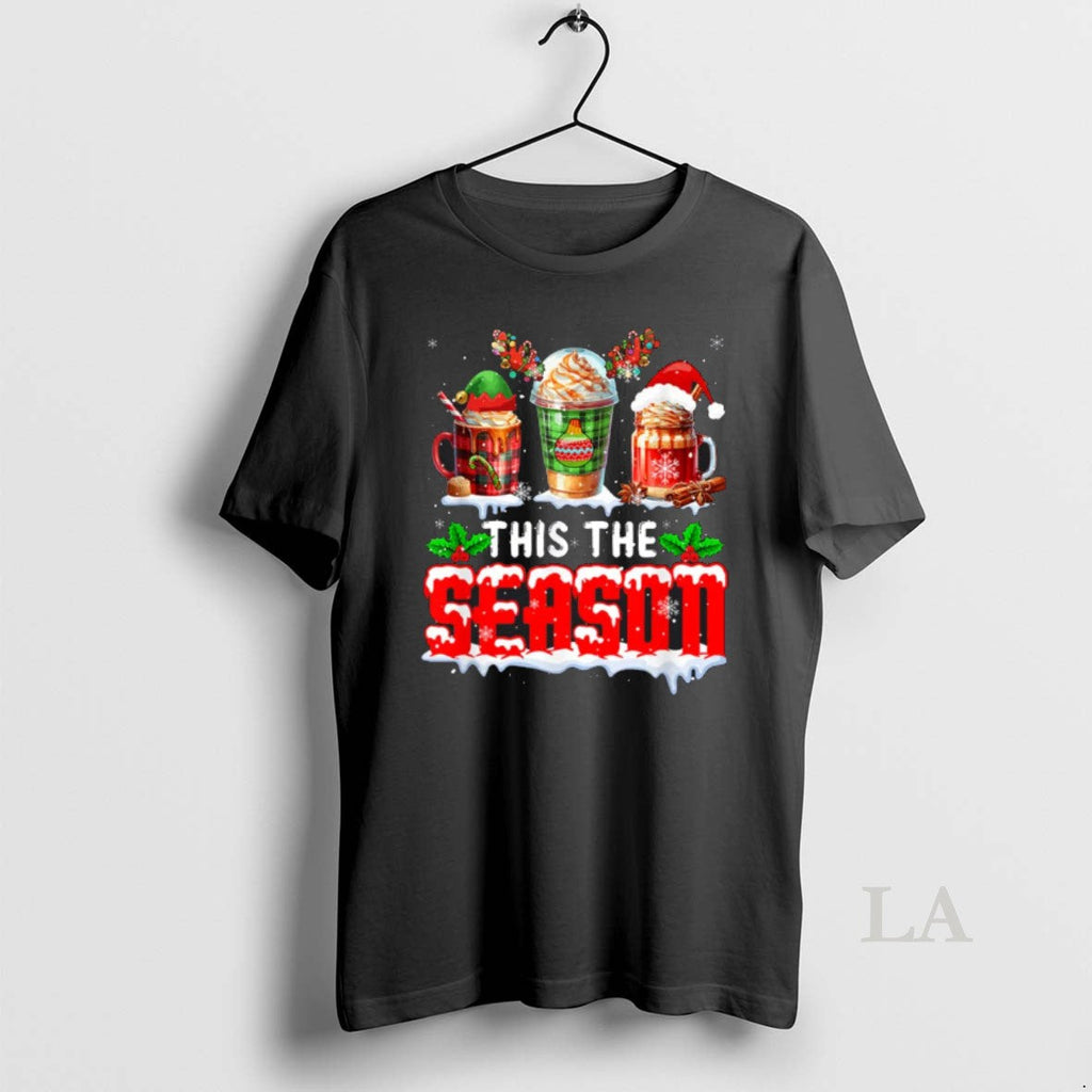 Original The Season Christmas Three Santa Reindeer Elf Coffee Cups Unisex T-shirt, Sweatshirt, Hoodie, Long Sleeve Tee - T-Shirt, Sweatshirt, Hoodie