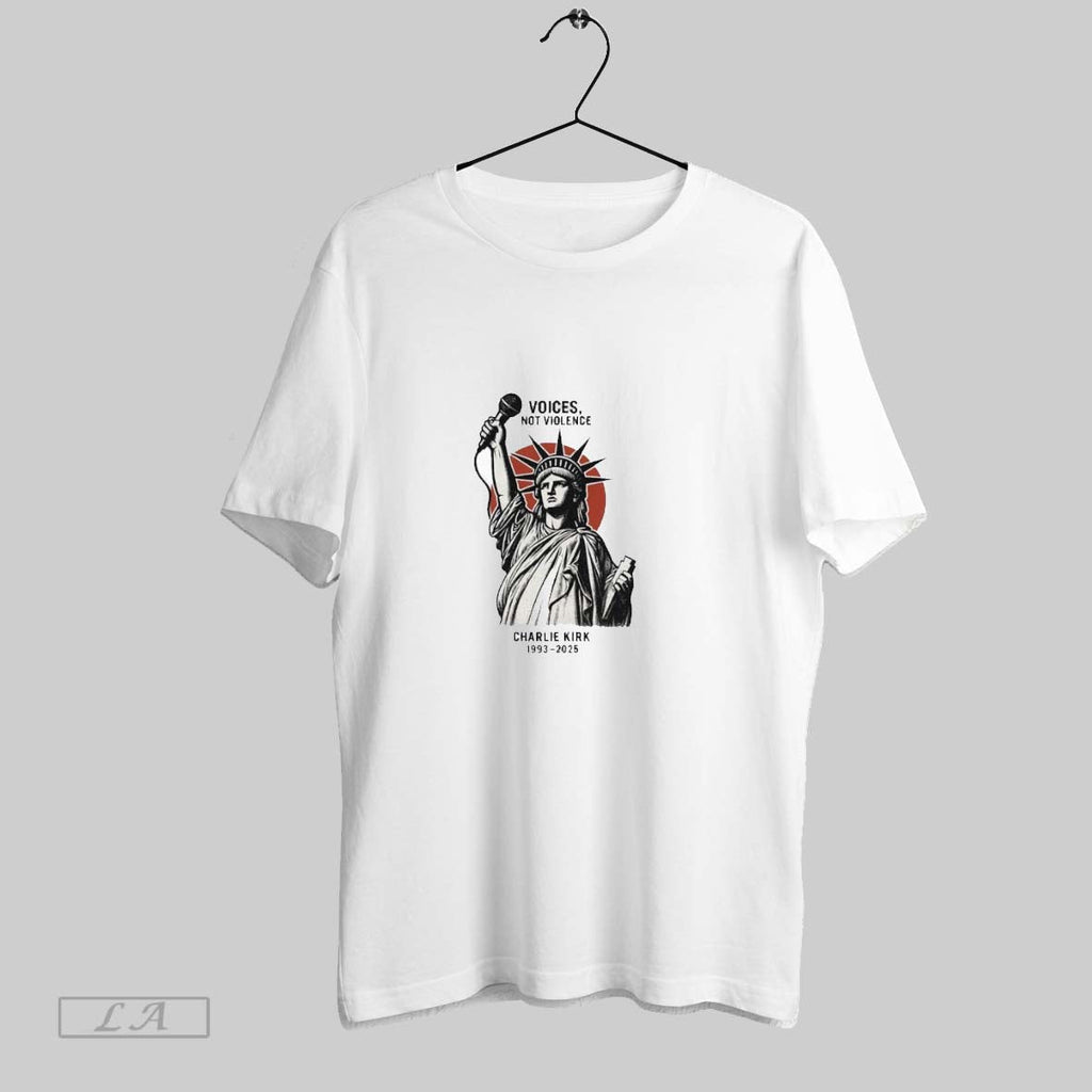 Original Voices Not Violence Charlie Kirk 1993 2025 Unisex T-shirt, Sweatshirt, Hoodie, Long Sleeve Tee - T-Shirt, Sweatshirt, Hoodie