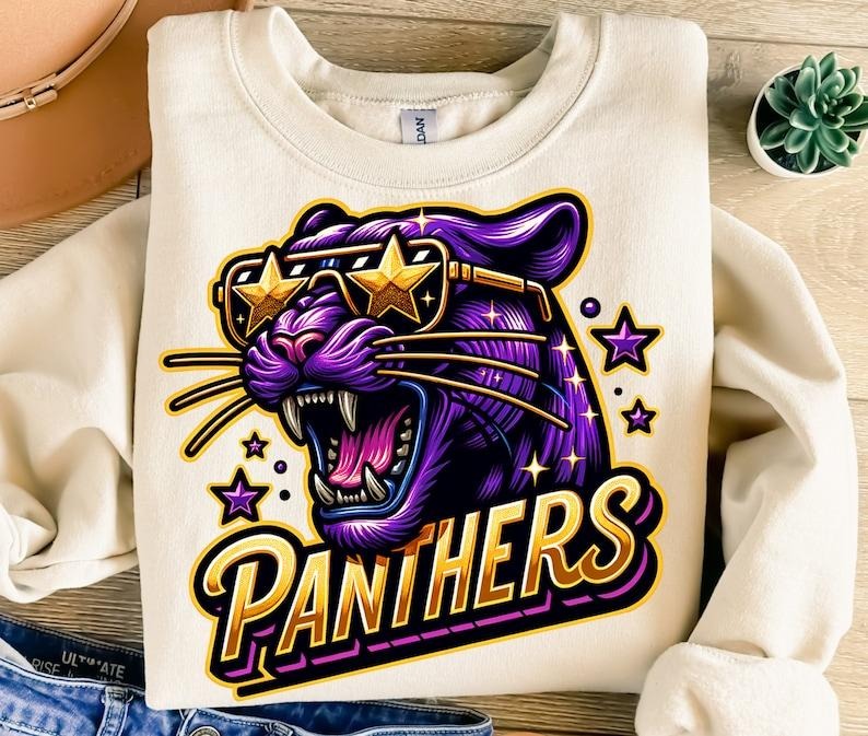 Panthers Png Mascot Png Gold Purple Panther Png Sport Png Game Day Png Instant Png DTF Menswear Top T-Shirts, Hoodie, Sweatshirt - T-Shirt, Sweatshirt, Hoodie