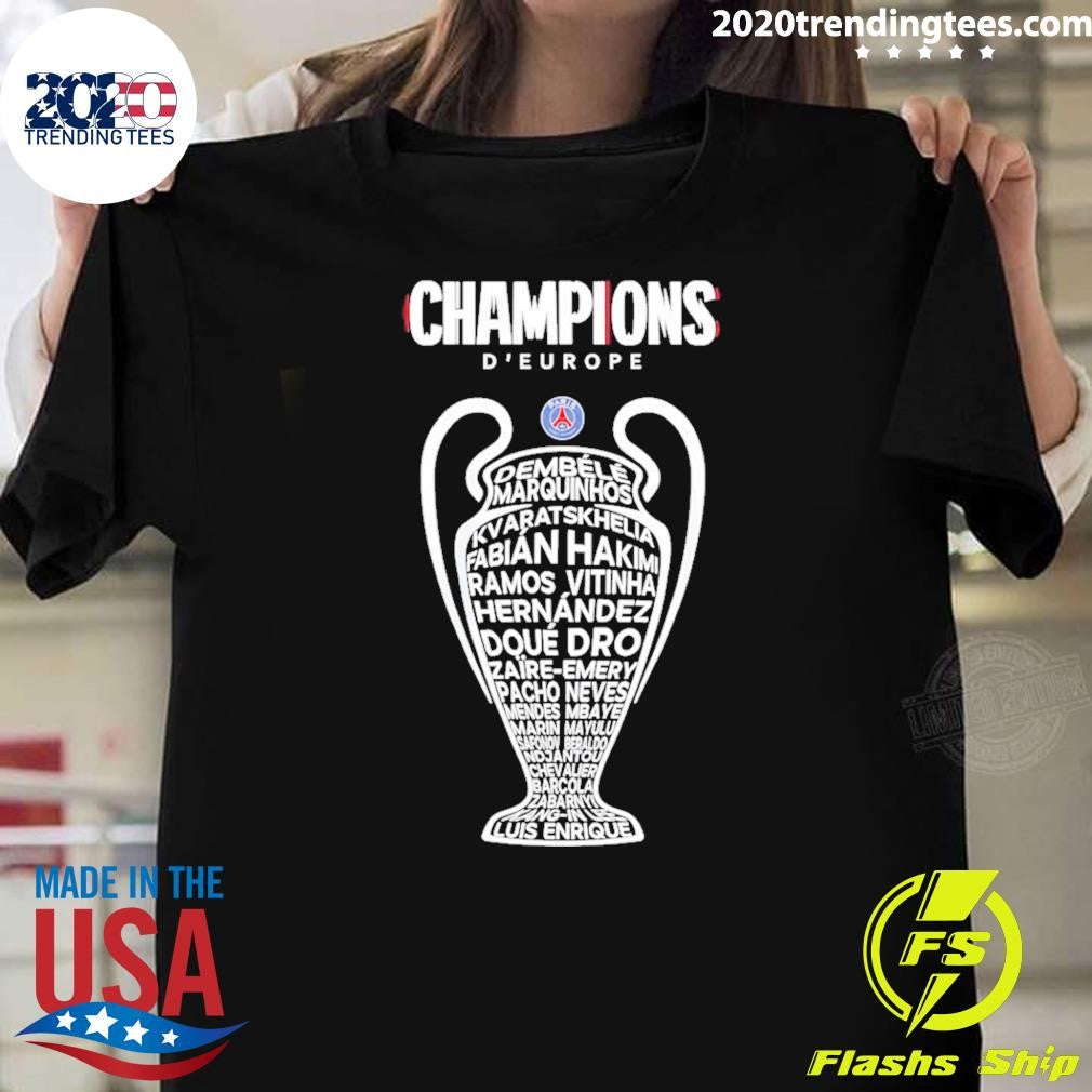 Paris Saint-Germain 2025-2026 Champions League Winners Players Names Trophies Shirt Unisex T-shirt, Sweatshirt, Hoodie, Long Sleeve Tee - T-Shirt, Sweatshirt, Hoodie